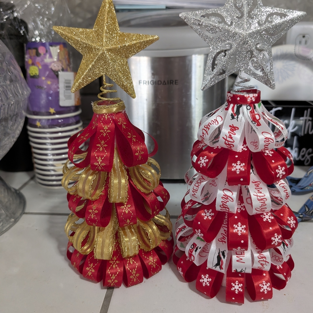 Festive Ribbon Christmas Tree Set with Gold and Silver Stars